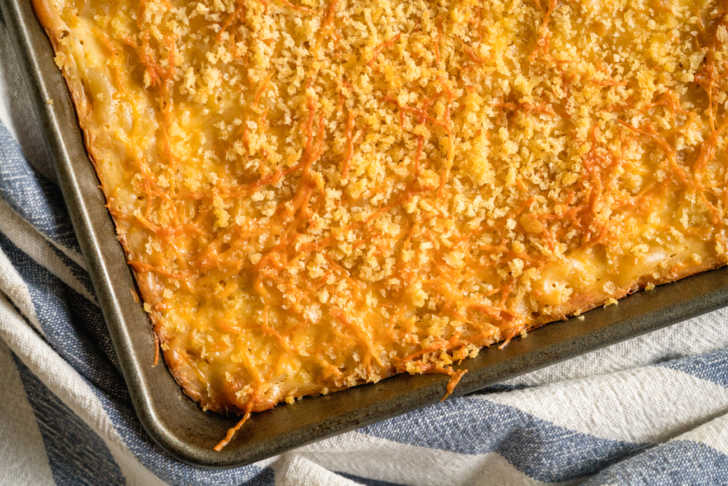 Top down of crispy cheese topping on man n cheese