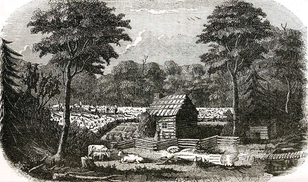engraving of settler life in New York, early 1800s