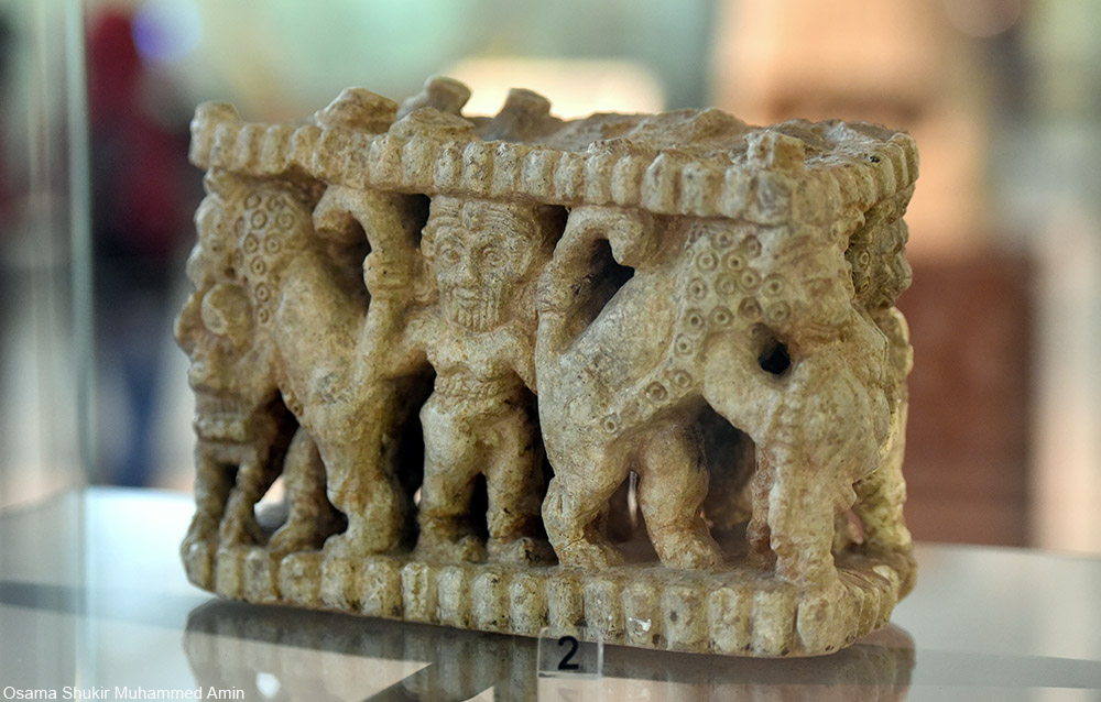 Depiction of Gilgamesh defeating two lions on a carved vase held in the collection of Iraq Museum in Baghdad
