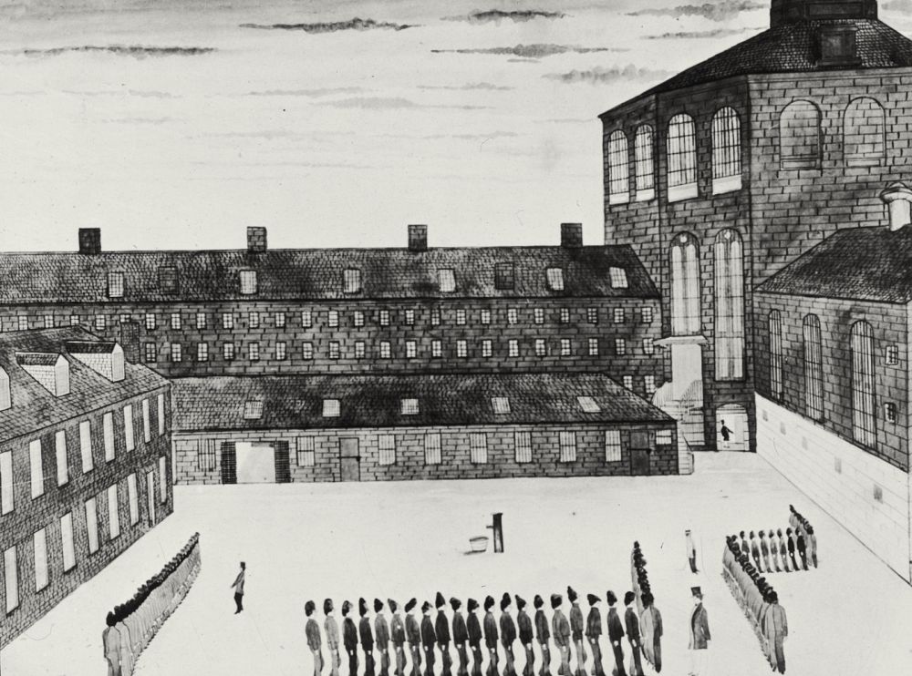 folkart drawing of prisoners at a Charlestown prison, Boston, 1850