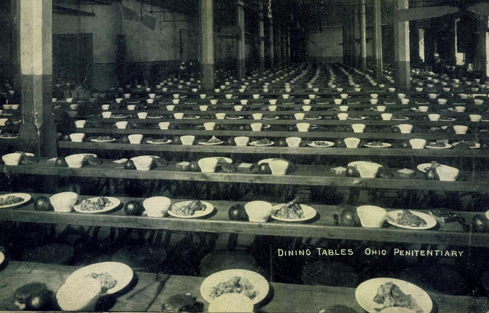 dining tables arranged with meals for prisoners at the Ohio State Penitentiary