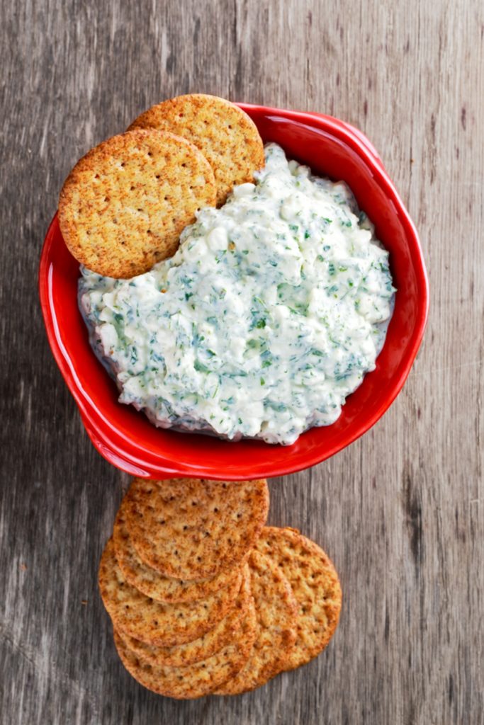 Top down shot of red bowl filled with cottage cheese dip. Crackers on the side.