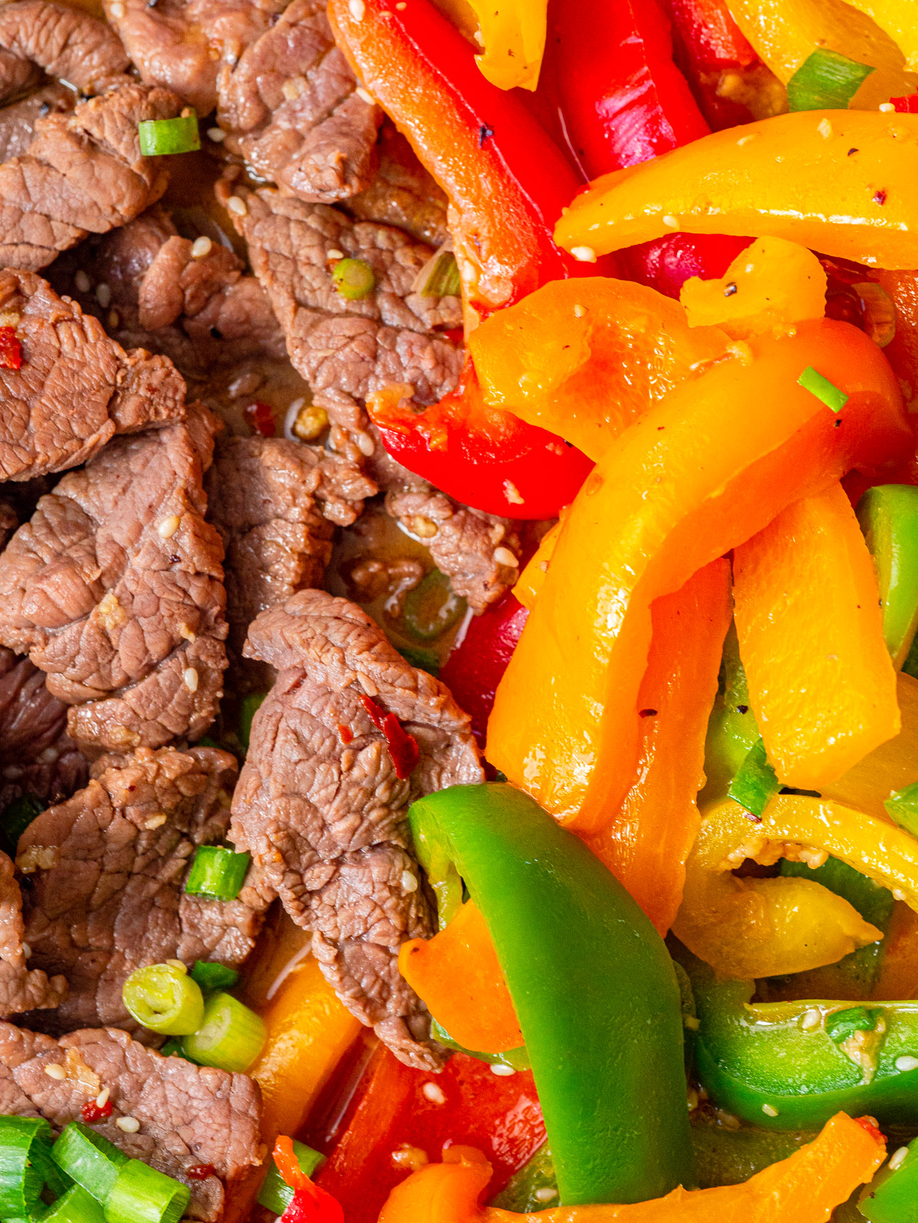 Close up of peppers and steak
